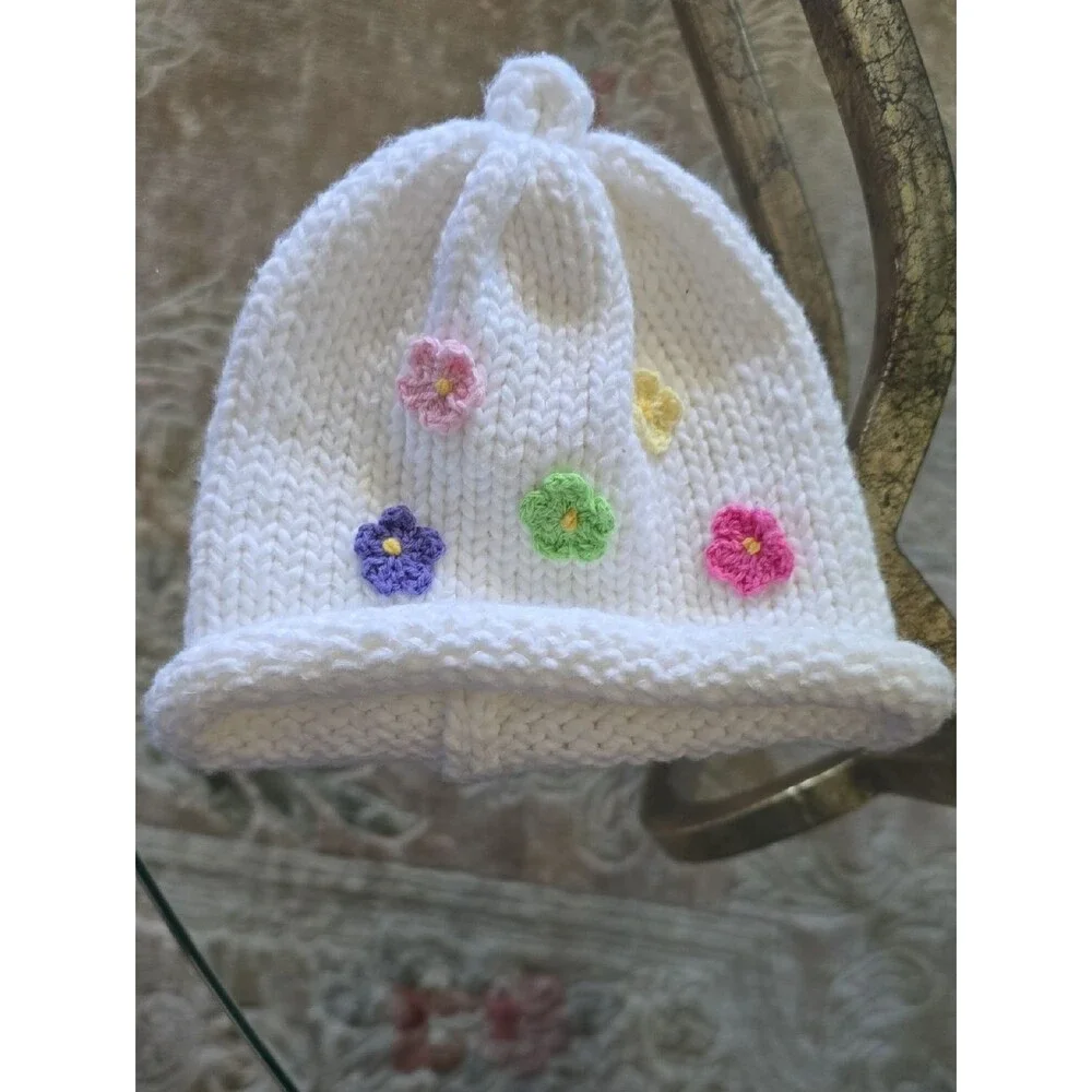 Baby Hat White Hand Knit 100% Cotton Colorful Flower Appliqués U.S.A. Size XS